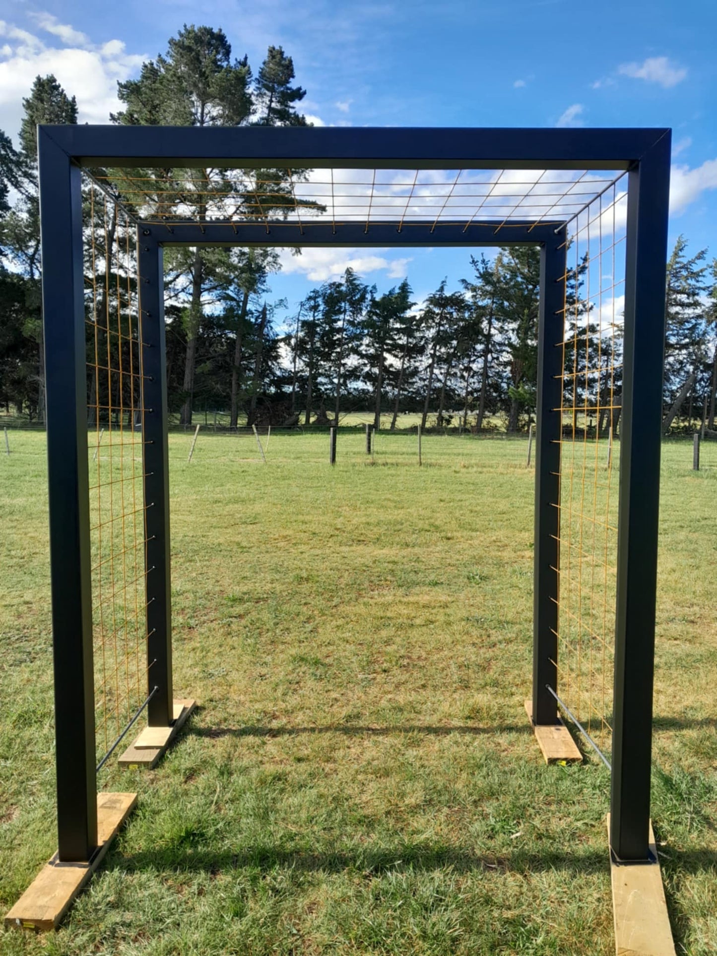 Steel garden arch handmade in North Canterbury, supporting climbing roses over a garden path – weather-resistant and elegant.