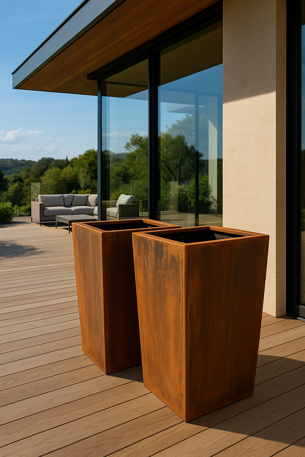 Tall Tapered Corten Steel Planter on Deck