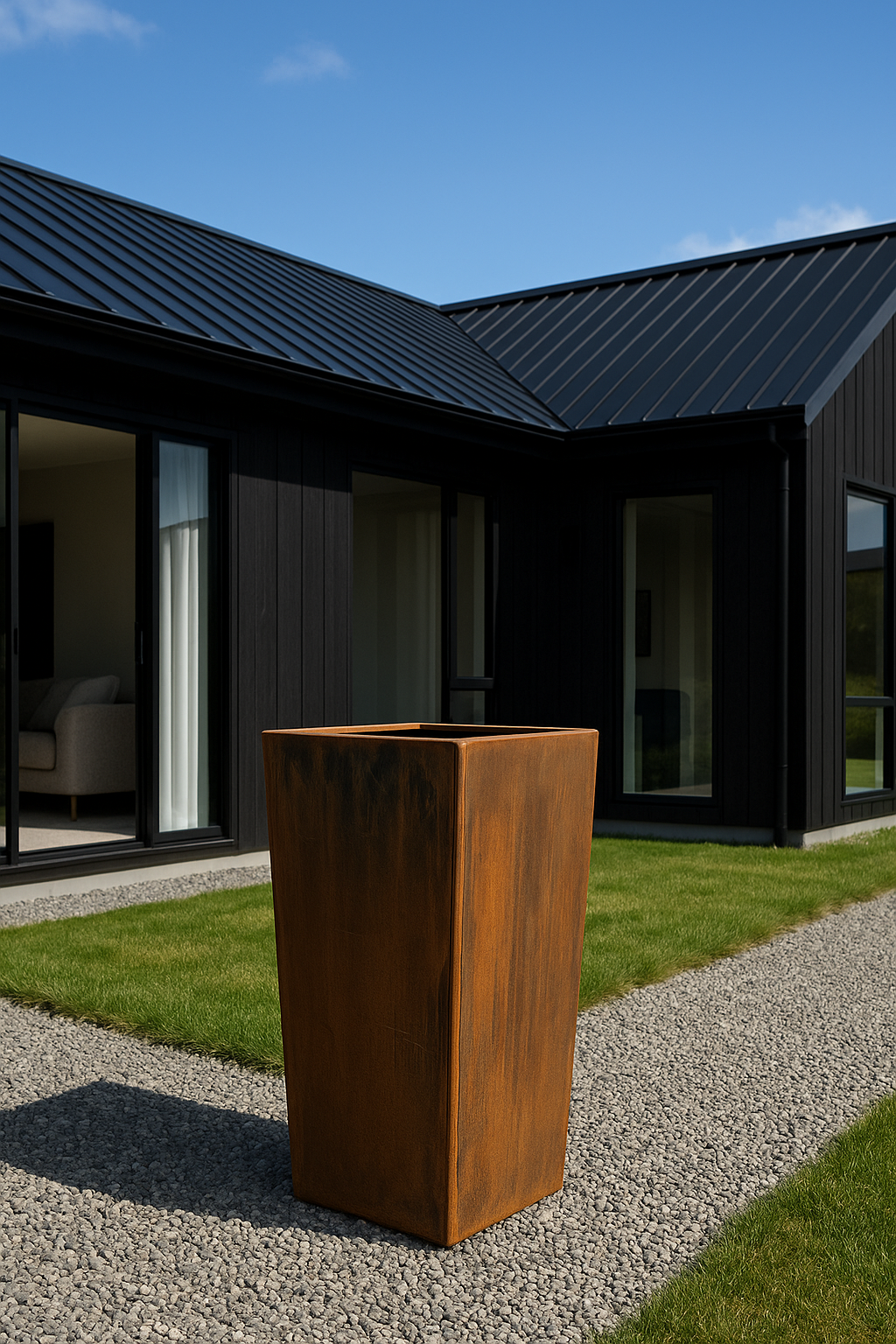 Corten Steel Tall Tapered Planter in front of a modern black house